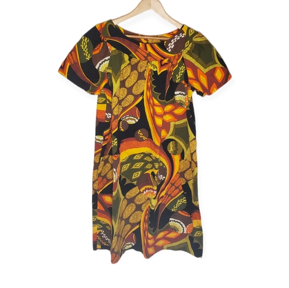 Vintage Dresses & Skirts - Fieldtripping Orange Yellow & Green Psychedelic Printed Hippie Dress w Pockets